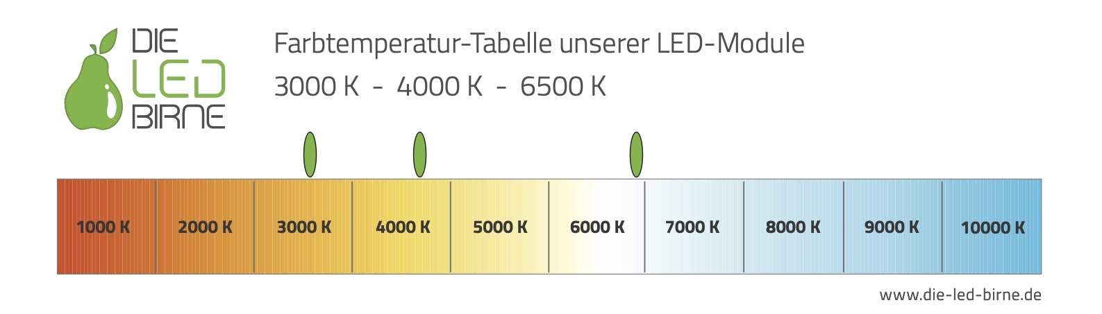 Farbtemperatur-Tabelle für LED-Module in 3000K, 4000K und 6500K